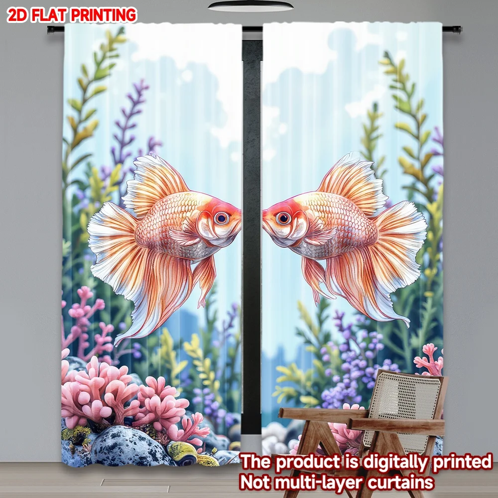 

2D flat printing 2pcs Window Curtains Two Goldfish Underwater Digital Printed Polyester Drapes Family Party Decoration for