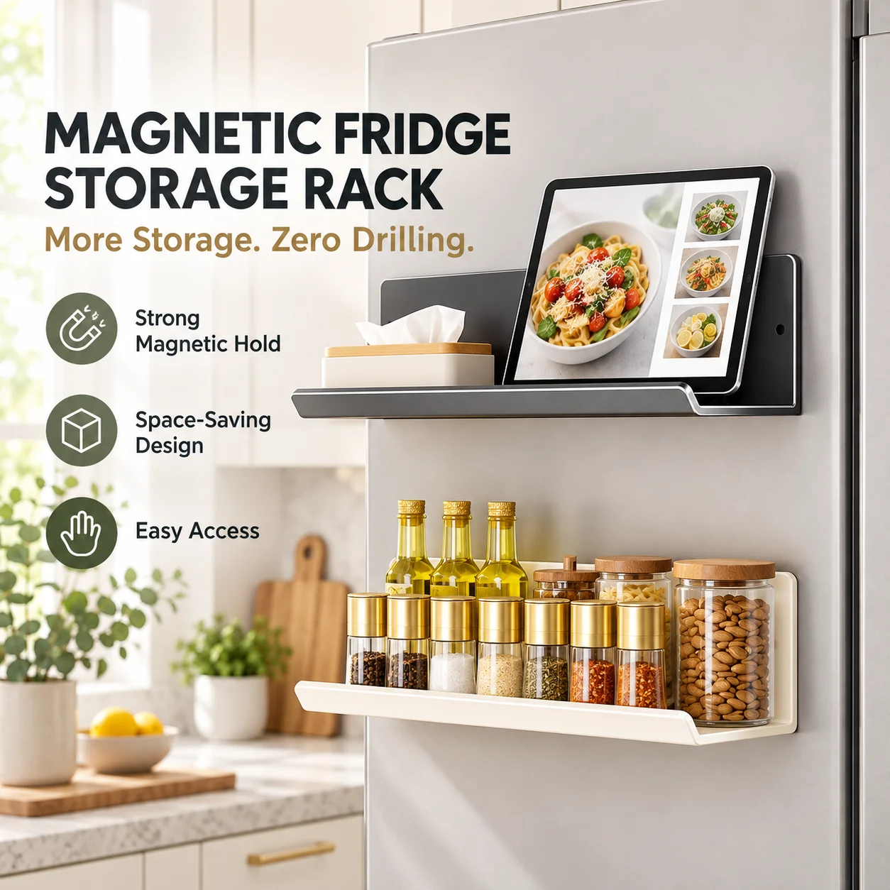Magnetic Refrigerator Storage Rack Punch-free Wall Mount Spice Shelf Kitchen Condiment Organizer Fridge Side Storage Holder