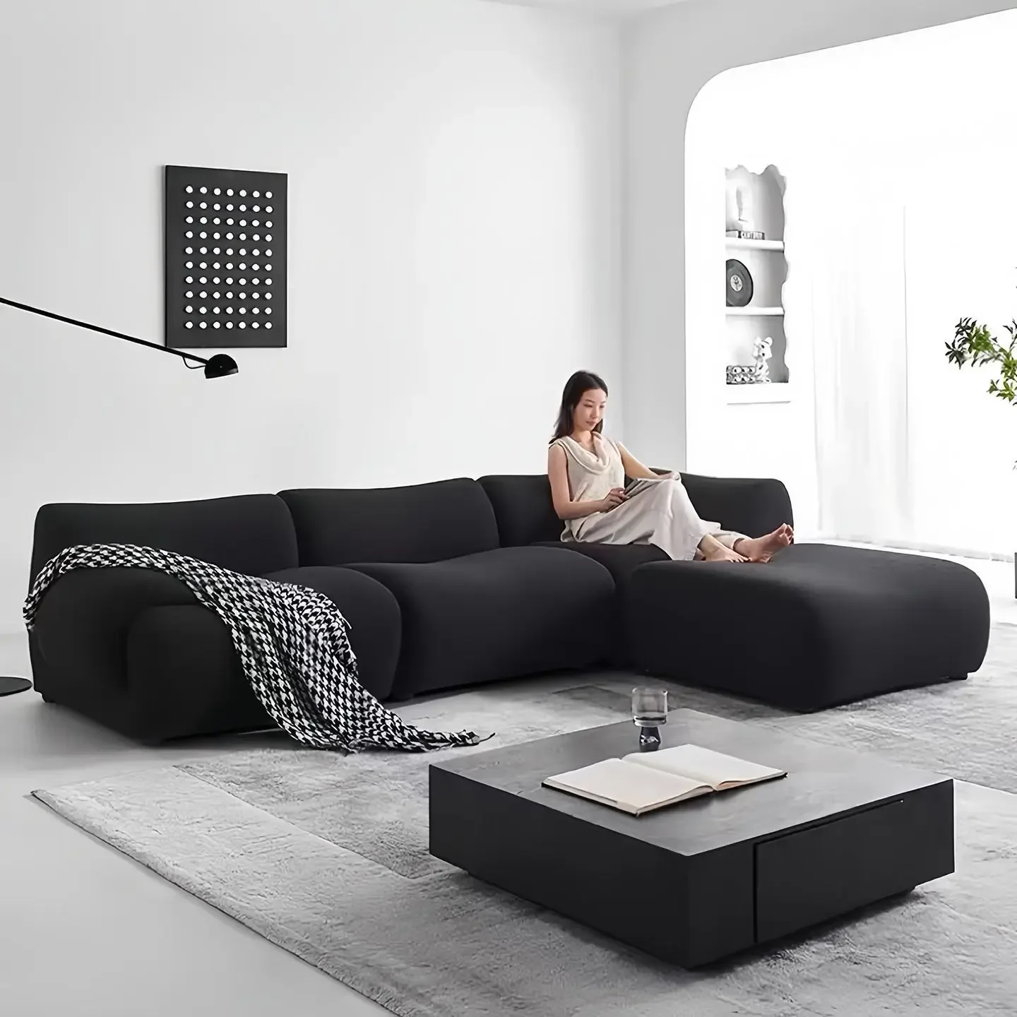 For IndoorLivingRoom Bamboo Modular Combination Retro Curved Sheepskin Sofa Vacuum Compressed Sponge Cushion Single Person Couch