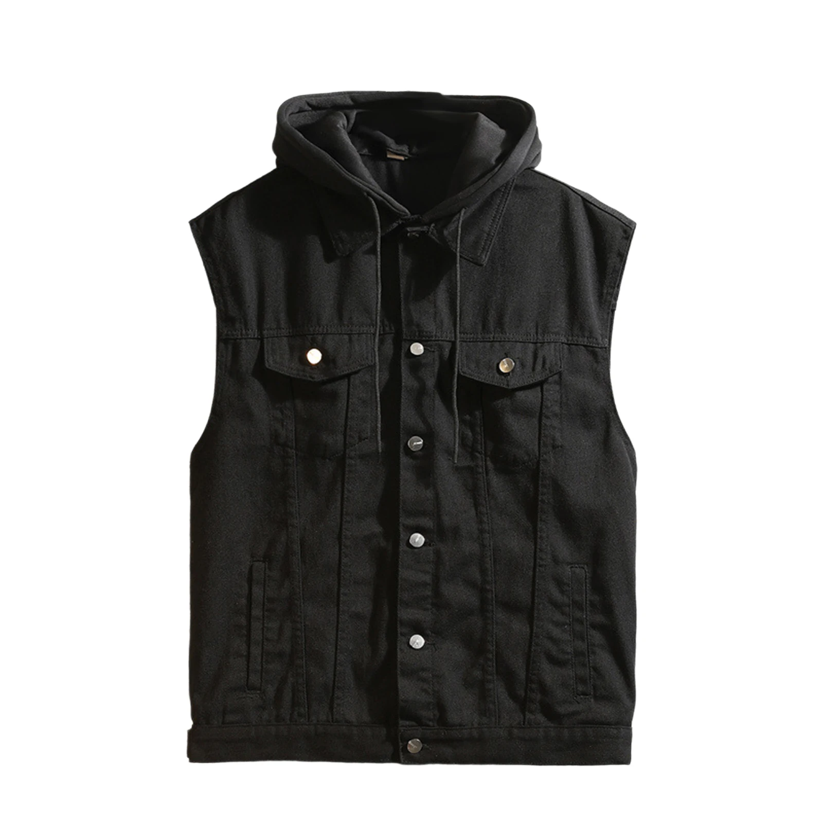 

Mens Hooded Denim Vest with Pockets Casual Contrast Color Button Up Warm Sleeveless Jean Jacket