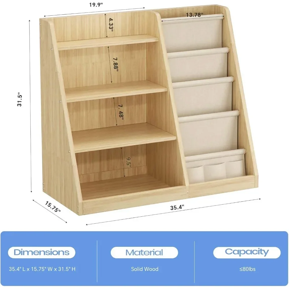 Kids Bookshelf and Toy Storage Organizer, 4 Tier Wooden Kids Book Shelf with Sling Book Rack in Kids Room Playroom Nursery