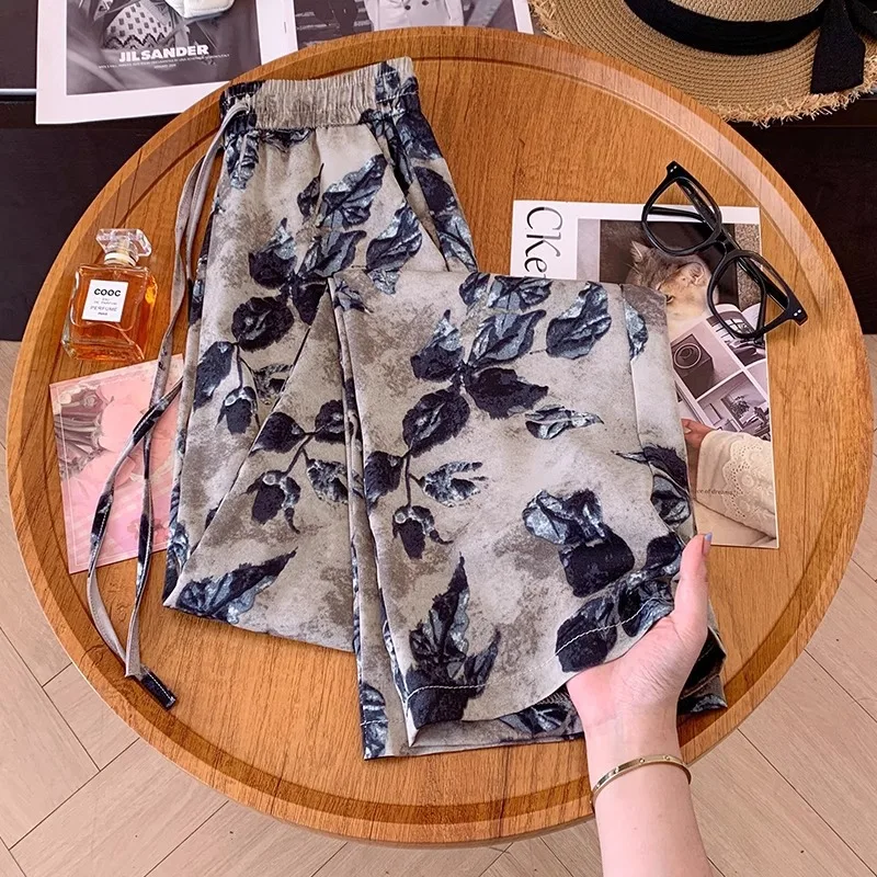 سراويل مريحة مطبوعة للنساء، سراويل صيفية رفيعة عالية الخصر للتنحيف كاجوال بطول الأرض مستقيمة