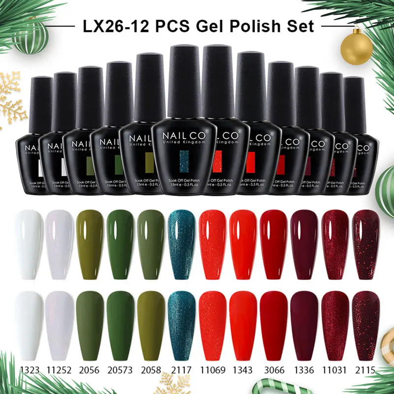 

NAILCO Gel Nail Polish 12Pcs/Set Soak Off UV LED Nail Varnish Kit Christmas Glitter Red Semi Permanent Nail Gel For Manicure DIY