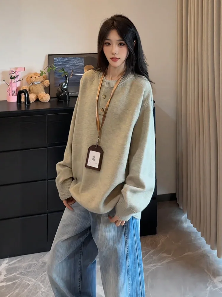 

Retro American Sle Men's Knitwear Henry Collar Casual Loose Couple Outerwear Soft Polyester Fiber Long Sve round Ne