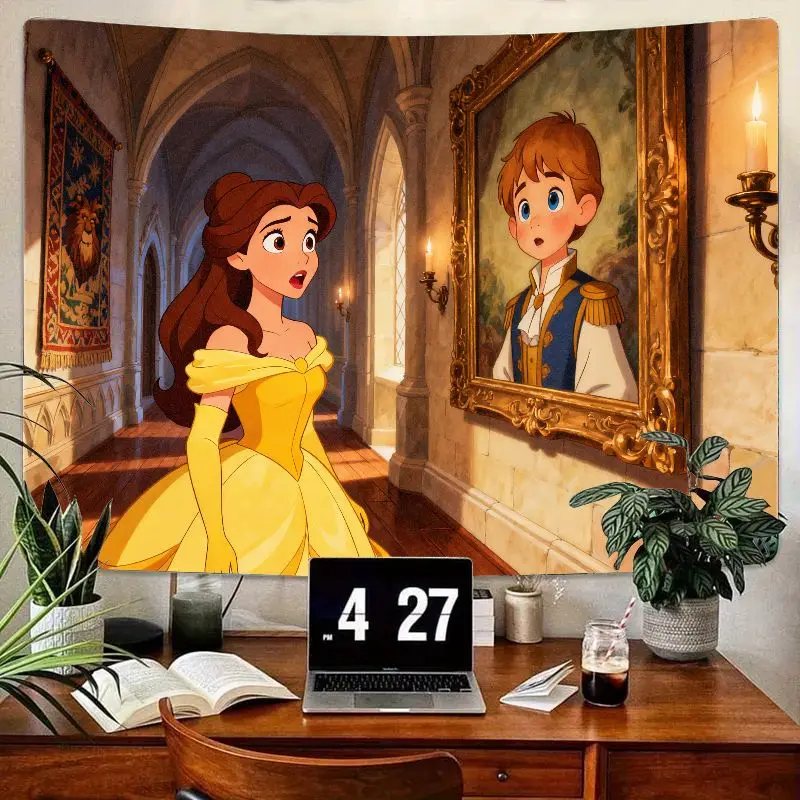 

1PC Beauty & the Beast Princess Belle Yellow Gown Tapestry Fairytale Castle Wall Art Modern Polyester Room Decor Gift