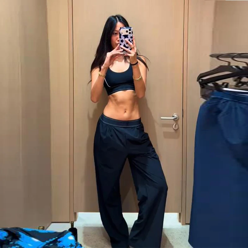 Pantalones rectos de Yoga para mujer, cintura elástica de pierna ancha para ejercicio, pantalones femeninos de secado rápido, pantalones de calle informales a la moda para mujer