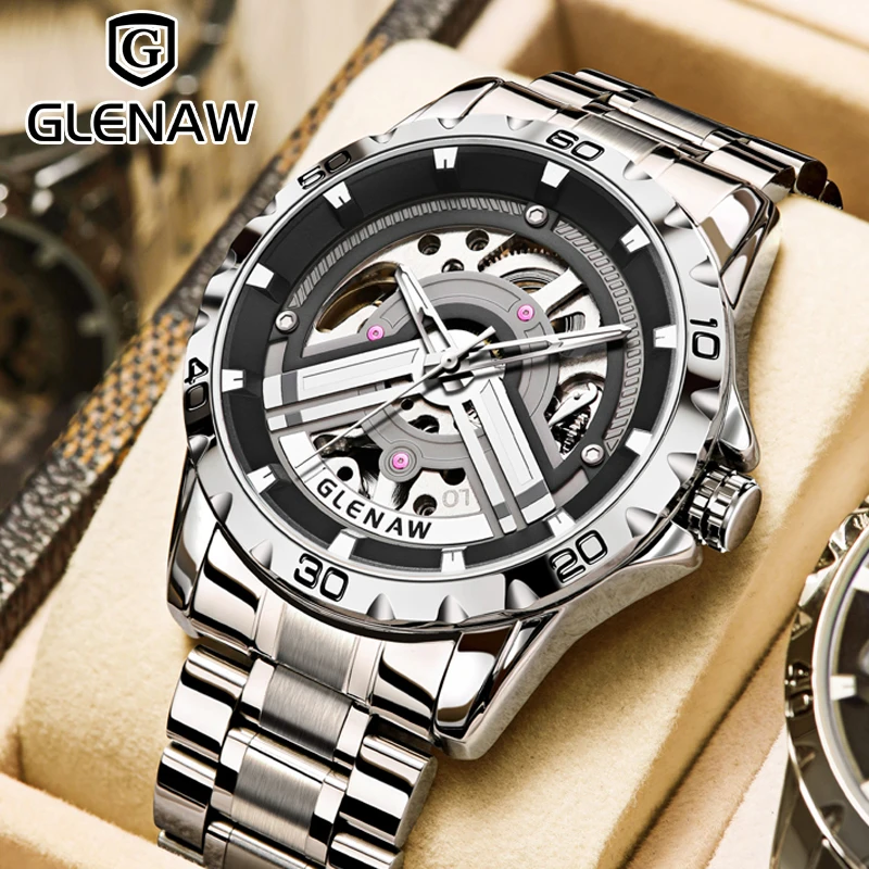 

NEW GLENAW Design wheel frame mechanical watch men luxury luminous waterproof automatic watch stainless steel strap high-quality