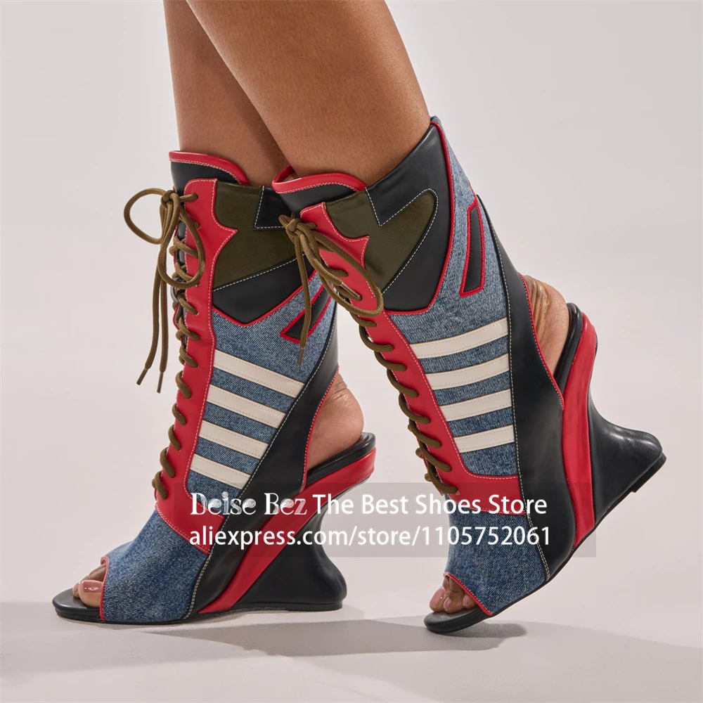 Patchwork Peep Toe Sculptural Wedge Boots Striped Lace Up Cut Out Mid Calf Boots Colorblock Athletic High Heel Streetwear Boots
