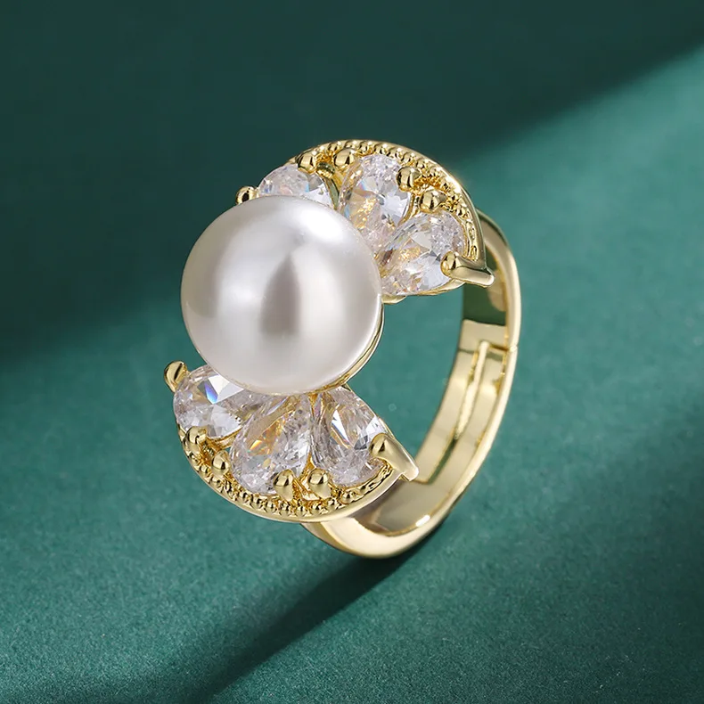 JitDoo Luxury Big Natural Fritillary Pearl Ring With Bright CZ Stone Crystal Women Wedding Ring Boho Vintage Jewelry Bijoux