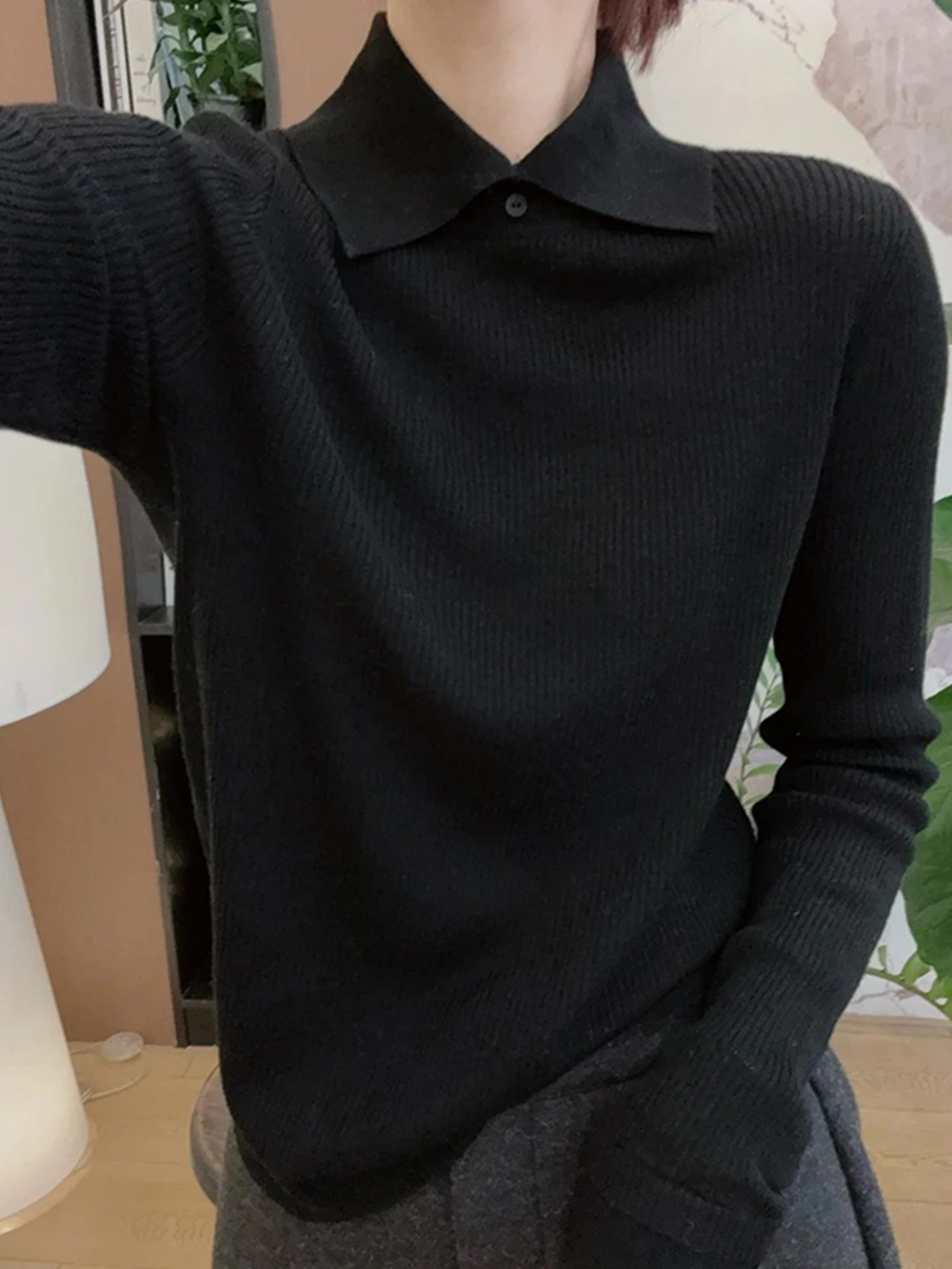 Koreaanse Sle Long Sve gebreide trui pure kleur kraag basislaag top dames faionable winter faion leeftijdsreductie