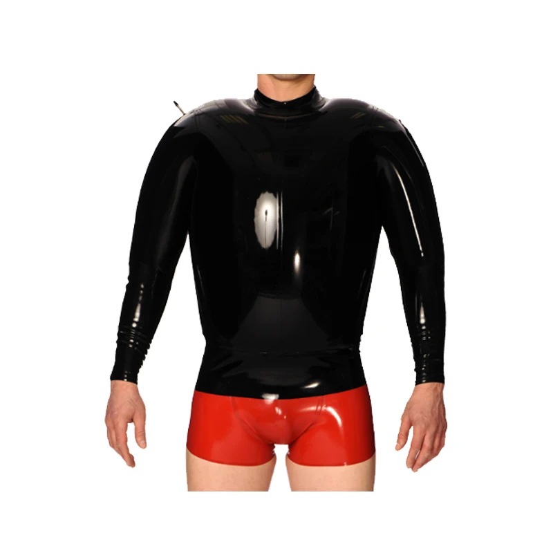 

0.4mm Latex Men Double Layer Black Long Sleeve Top and Red Boxer Shorts Size XXS-XXL