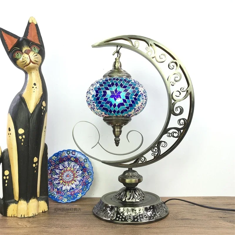 Vintage ethnic style bedroom living room dining room cafe hotel handmade mosaic glass turkey moon table lamp