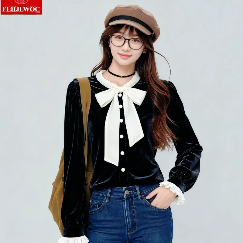 

Black Velvet Tops Blouses New 2026 Cute Girls Spring Autumn Long Sleeve Solid Retro Vintage Top White Bow Tie Basic Shirts