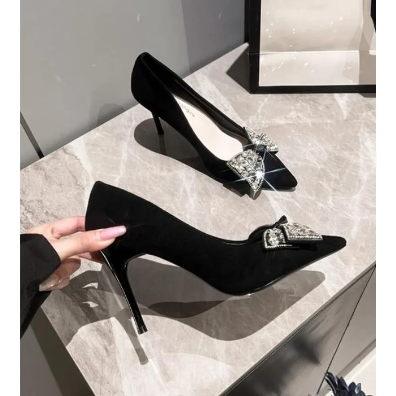 

New Black Rhinestone Bow Women Pumps Luxury Banquet Shoes Sexy High Heels Shoes Women Stilettos Party Shoes Plus Size 43