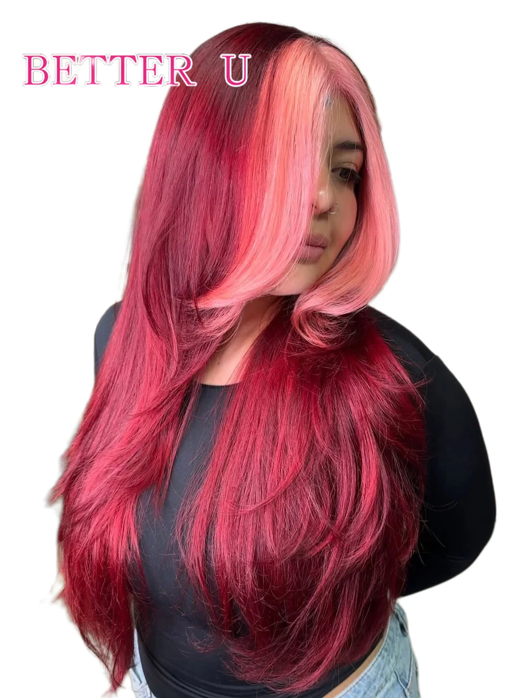 วิกผมแท้สีบลอนด์ออมเบรชมพูเบอร์กันดี 13x6 13x4  พร้อมเชือกผูกด้านหน้า  ผมบราซิลแบบดิบ  ถอนขนแล้ว  สำหรับผู้หญิง