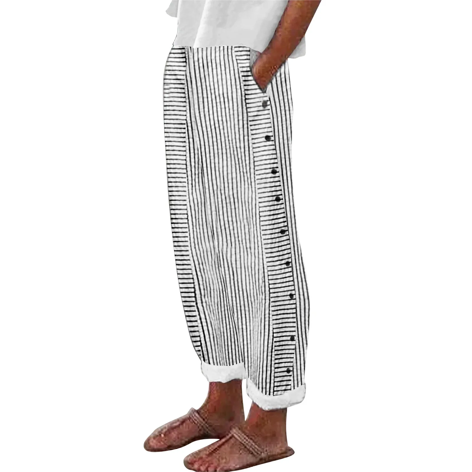 Women's Cotton And Linen Striped trousers, Elastic High Waistband Pocket Pants, Side Buttons Nine Point Loose Casual Pants