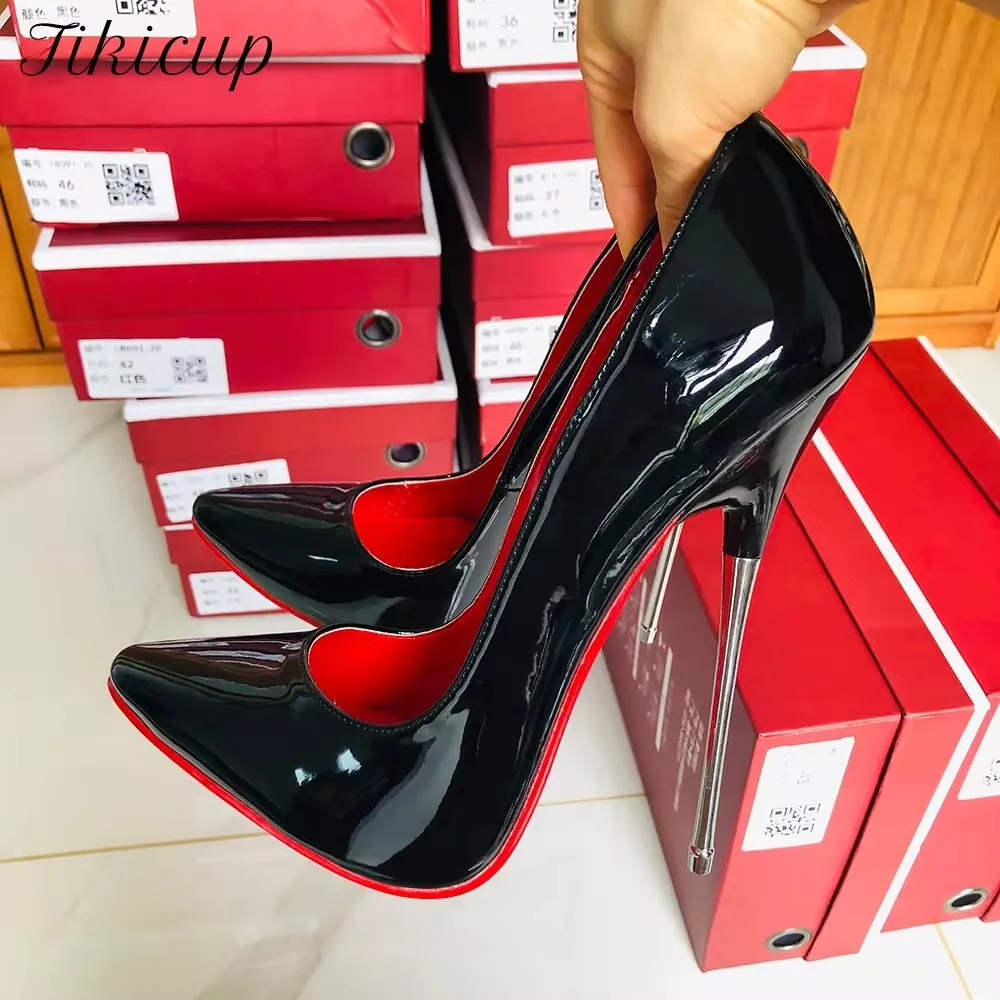 Tikicup 16cm Extreme Metal High Heels Women Black Sexy Red inside Pointy Toe Stilettos Fetish Model Party Unisex Shoes Size 46