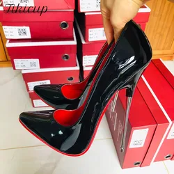 Tikicup 16cm Extreme Metal High Heels Women Black Sexy Red inside Pointy Toe Stilettos Fetish Model Party Unisex Shoes Size 46