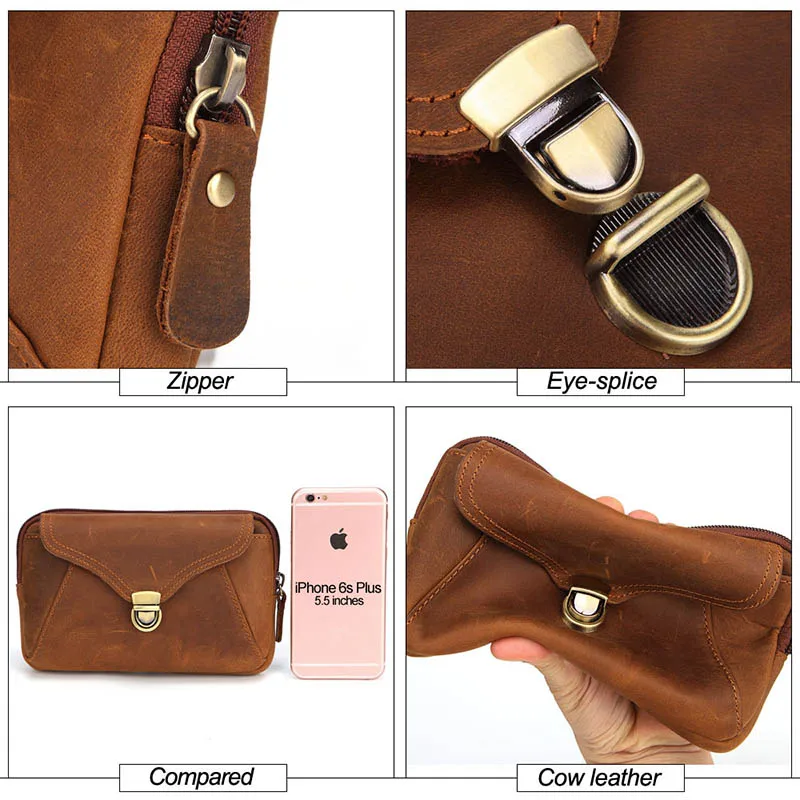 Vintage design Men's Waist Pack Crazy Horse Leather Hook Fanny Waist Belt Pouch Male Cigarette Case Phone Pouch Bum Bag