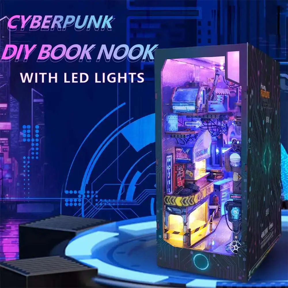 

Cyberpunk Endless Dimensions DIY Wooden Book Nook Figurines Miniature Kits Bookshelf Home Bookend Decoration Adult Handmade Gift