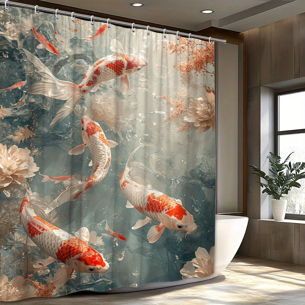 

Занавеска для душа с рыбой кои с вишней и водяными лилиями, японский садовый дизайн, водонепроницаемый декор для ванны для дома, подарок