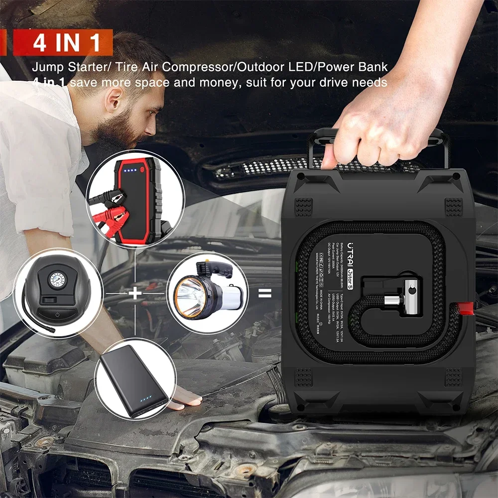 Portable Jump Starter with Air Compressor 2000A 24000mAh Power Bank Tire Inflator Pump 12V Starting Device Car Booster