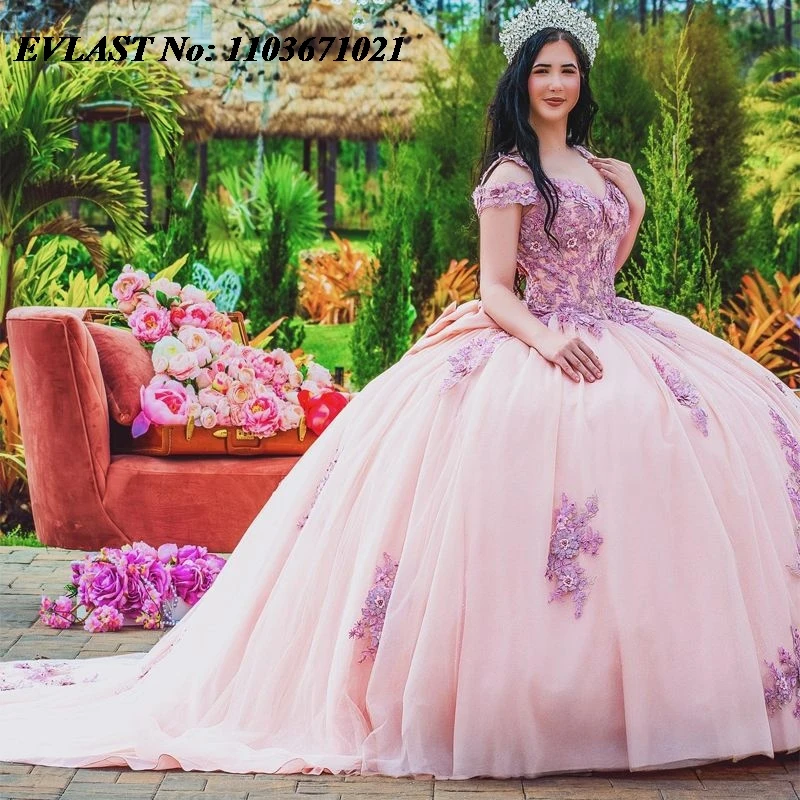 Evlast Mexican Blush Roze Quinceanera Jurk Baljurk Paarse Kanten Applique Kralenstrik Sweet 16 Vestidos De Xv 15 Anos Sq114