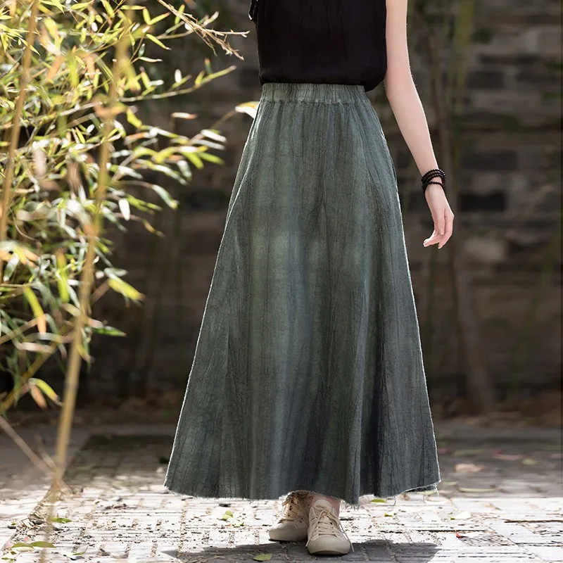 

High Waist Cotton Linen Long Skirt Women New 2024 Autumn Vintage Style Solid Color Basics Female Casual A-line Skirts T193