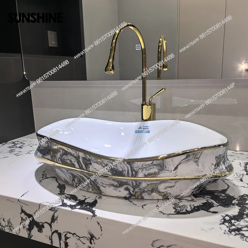 

Wave Shaped Irregular Bathroom Sinks Countertop Sink Light Luxury Ceramic Single Basin Home Balcony Washbasin Bathroom Fixture B
