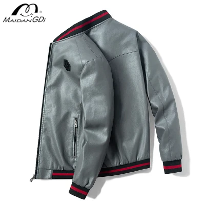 

MAIDANGDI Men's Baseball Jacket Leather Jacket Striped Solid Color Synthetic Leather Jacket Windproof Top Embroidered Zipper