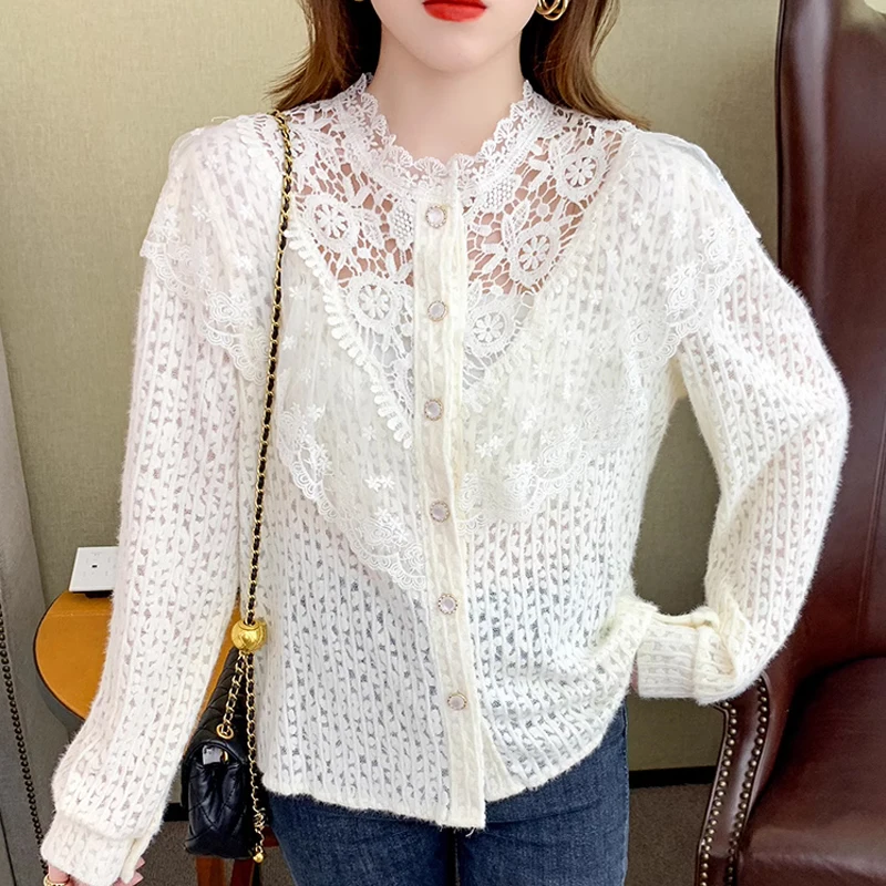 

2023 Elegant Stand Collar Lace Shirt Autumn Fashion Women Crochet Hollow Lace Blouse Long Sleeve Office Lady Loose Tops 29310