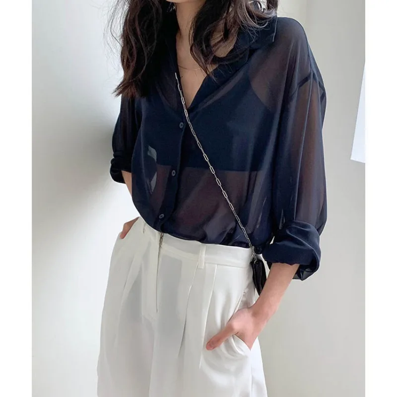 Chiffon Sunscreen Blouses Women Black White Shirt Long Sleeve Buttons Thin Blouse Loose Casual Korean Chic Women Clothing New