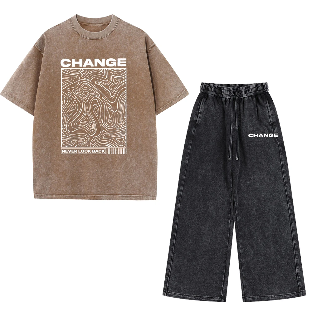 Vintage Washed Herren Zweiteiler Set Never Look Back Topographischer Druck Übergroßes Kurzarm-T-Shirt Kordelzug Weite Hose Casual – Detail 6