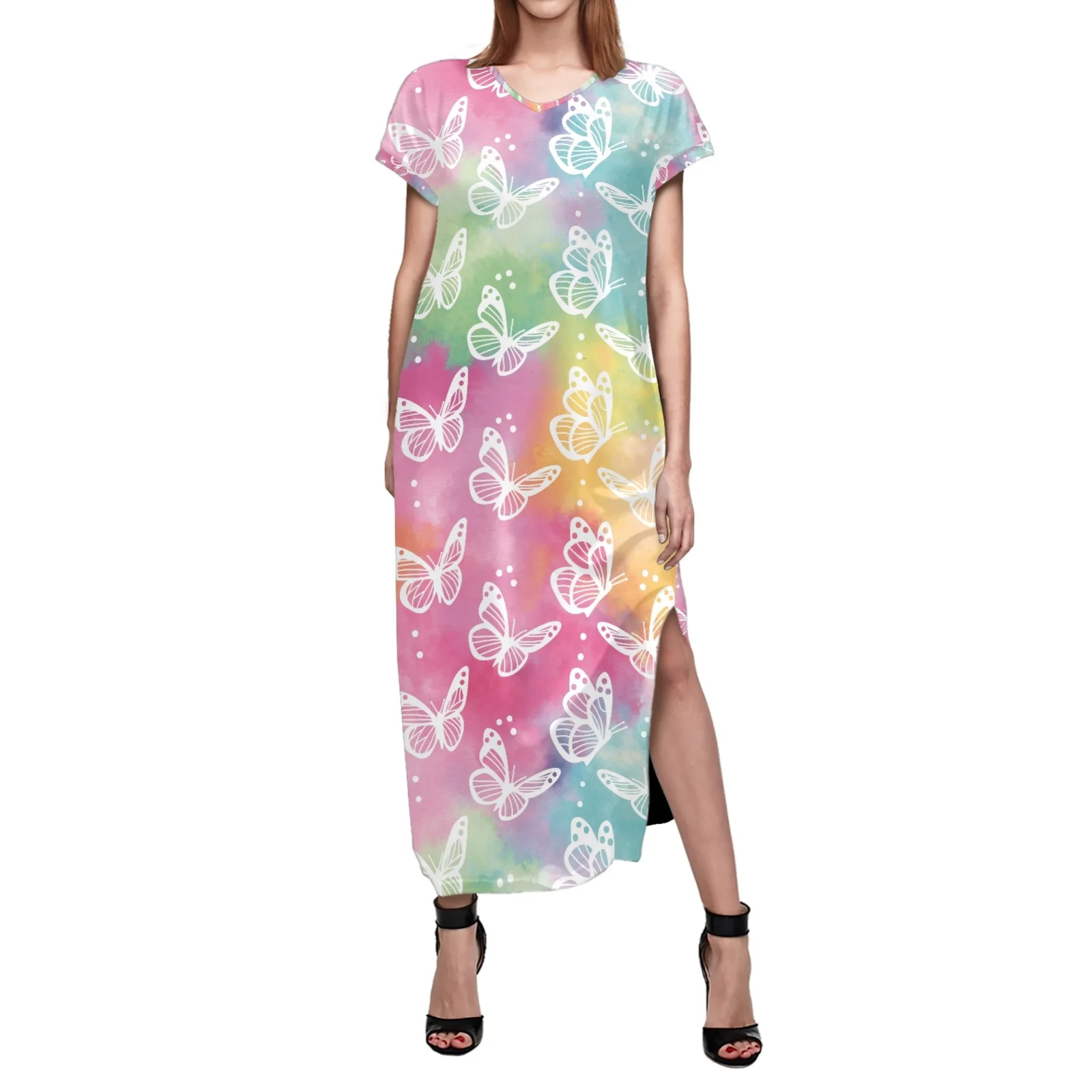 

Летние эластичные облегающие платья с принтом бабочек и гладким силуэтом, длинные платья с боковым разрезом, женская юбка с короткими рукавами