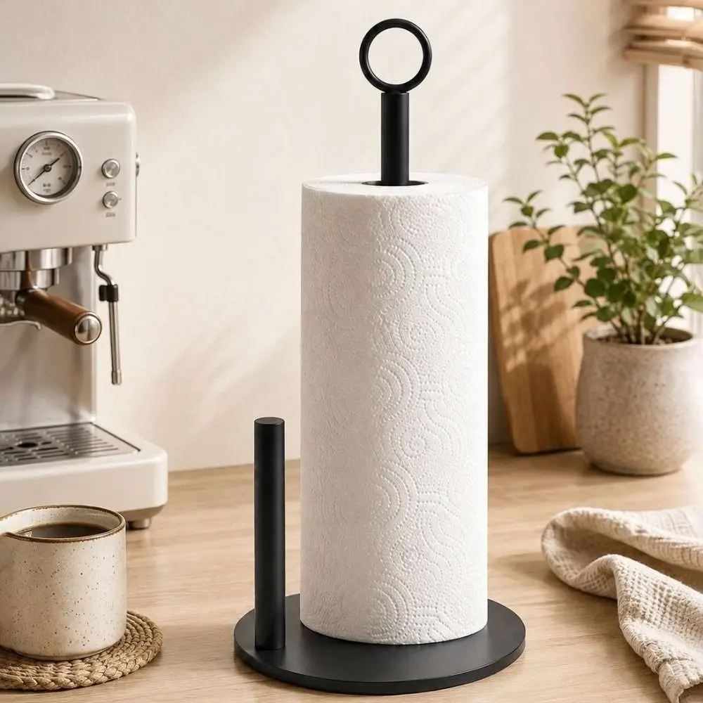 Stainless Steel Paper Towel Holder Freestanding One-Handed Tear Vertical Napkins Rack Removable Non Slip Base Roll Paper Stand