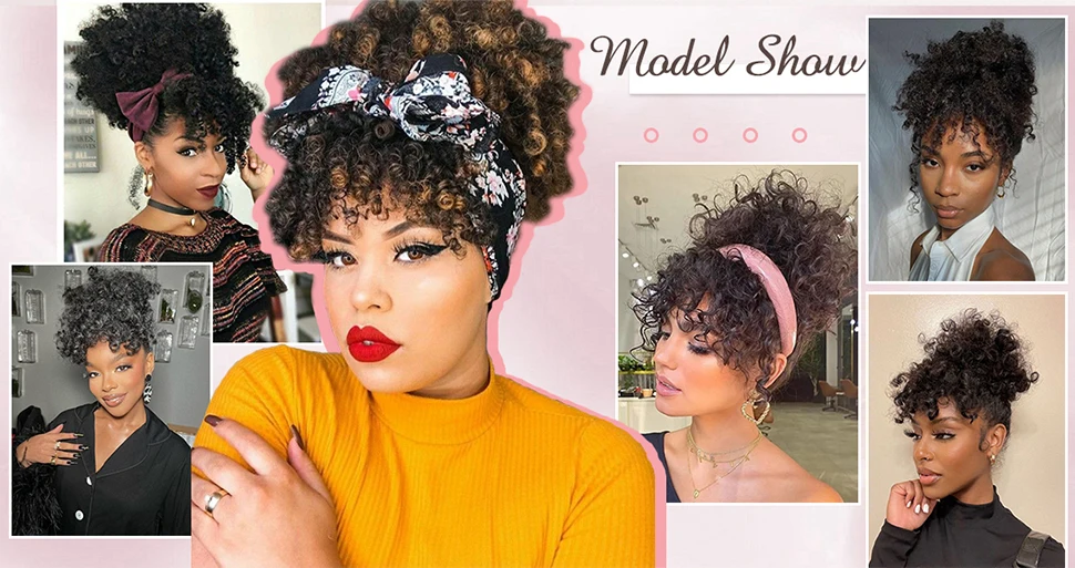 Afro Puff verworrene lockige Haare Hochs teck frisur Pferdes chwanz Verlängerung mit Pony Kordel zug Pferdes chwanz für Frauen schwarz, synthetisches Haar Pferdes chwanz – Detail 5