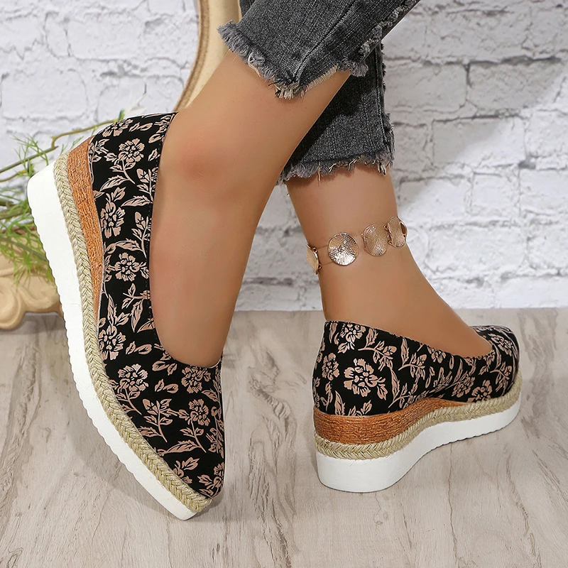 Floral Print Wedges Pumps Women Mix Color Pointed Toe Med Heels Loafers Shoes Woman Light Slip-On Platform Walking Shoes Ladies