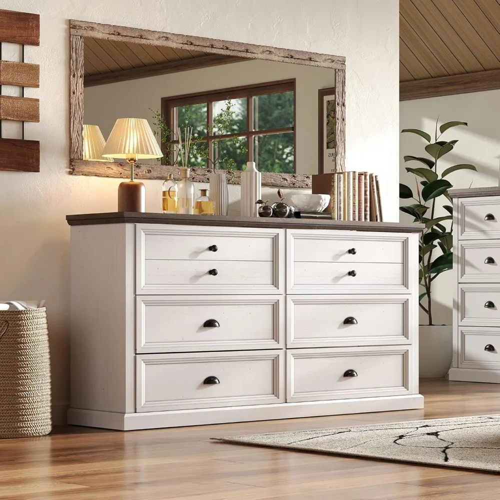 

58”W Farmhouse 6 Drawer Dresser for Bedroom, Natural Wood Texture Chest Dresser with Zinc Alloy Handle, Storage Drawers with Pre