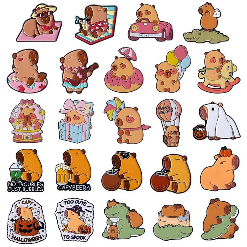 Alfileres esmaltados de la serie Capybara de dibujos animados, Capy en vacaciones, bebiendo té Boba, broche de Animal bonito, insignia de solapa, regalo de joyería para niños