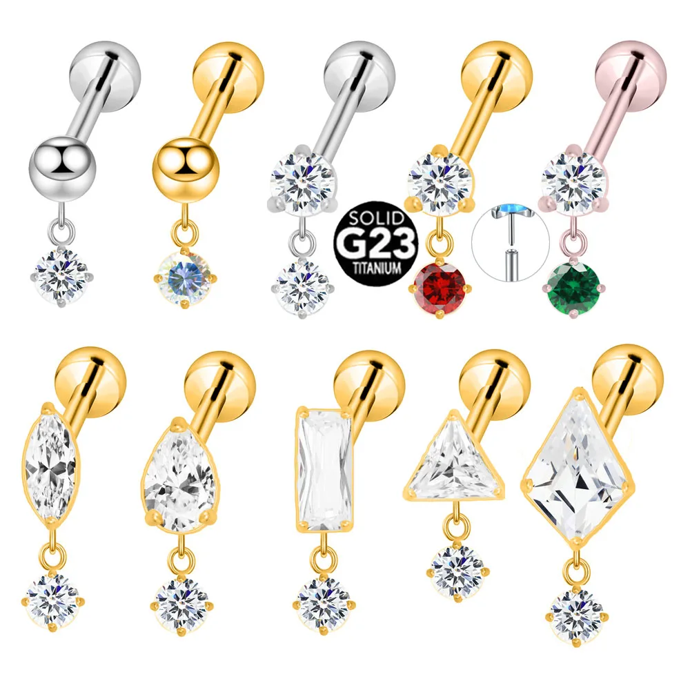 

ASTM F136 G23 Titanium Teardrop Rectangle Marquise Threadless Piercing CZ Pin Push in Lip Stud Daith Conch Earring 16G 18G 20G