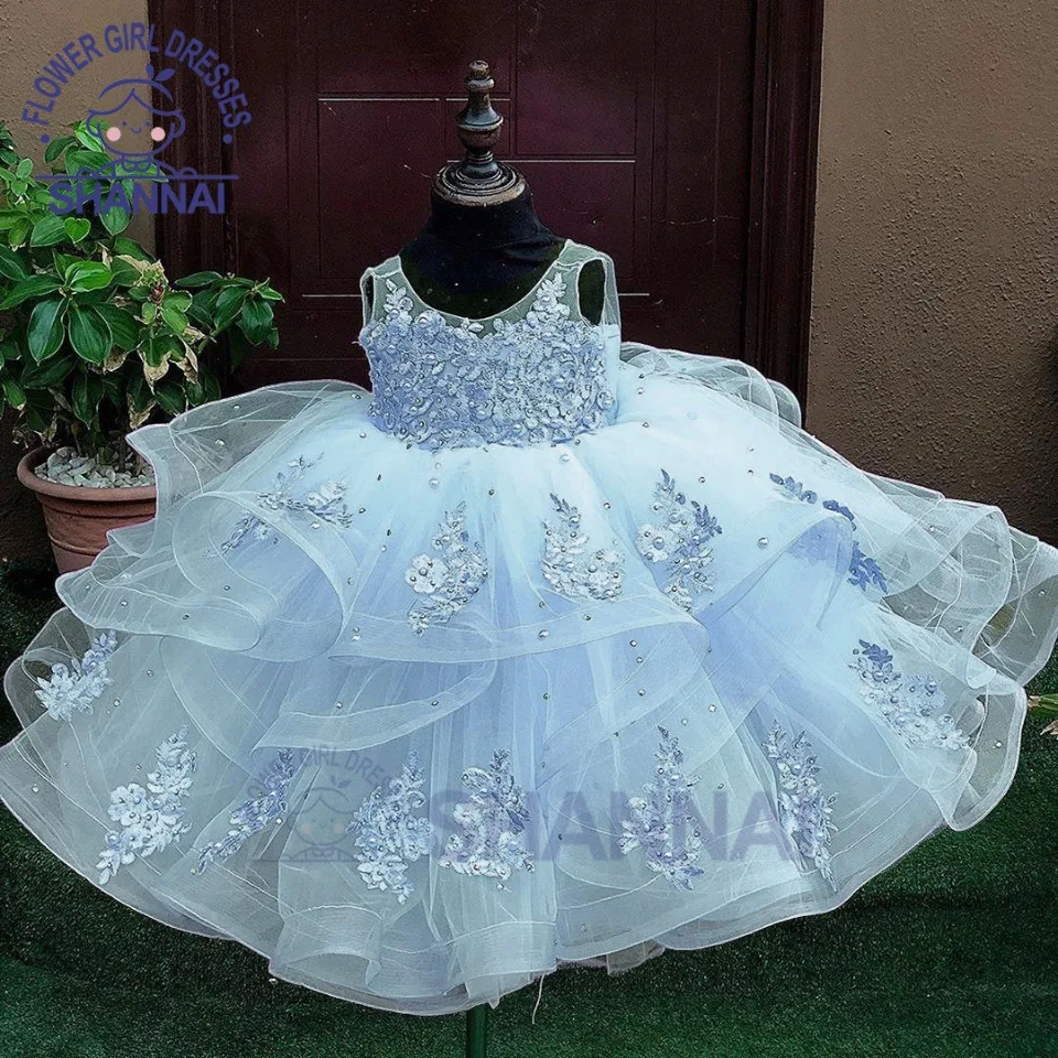 Abiti da ragazza di fiore in pizzo personalizzati Cristalli con o-collo Abito da sposa per bambina Prima comunione Abito da festa di compleanno per bambina