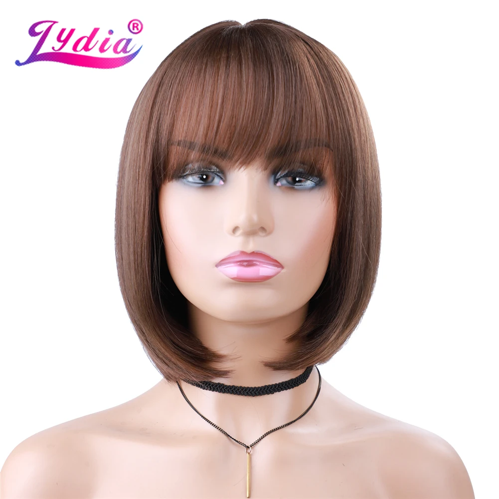 Lydia Women Long Silky Straight Synthetic Bob African American WIth Toppe Wig With Lace Hand Made Headine Babyhair Bang Daily