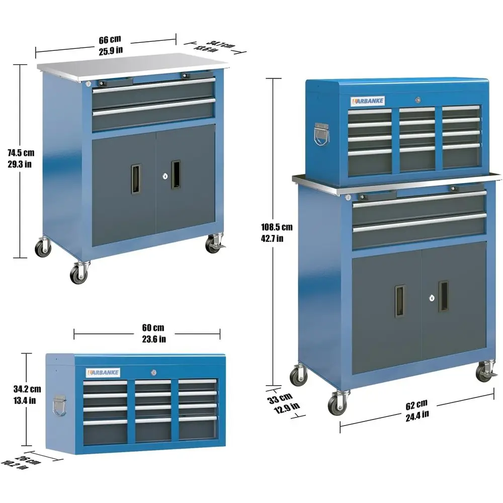 7-Drawer Metal Tool Chest with Stainless Steel Top, 8-Drawer Box, Locking System, Swivel Wheels, and Boot Pad