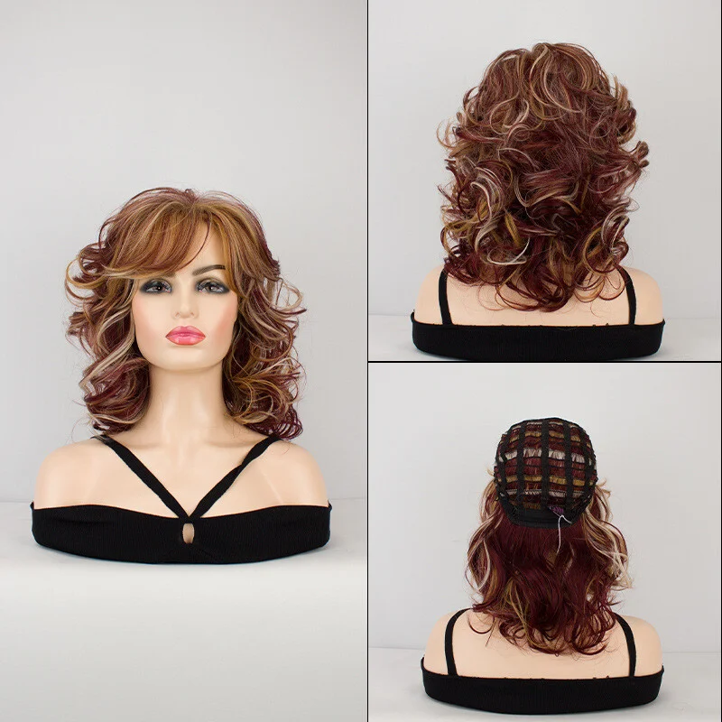 

Women Full Brown Golden Curly Wavy Hair Wigs Party Costume Wig