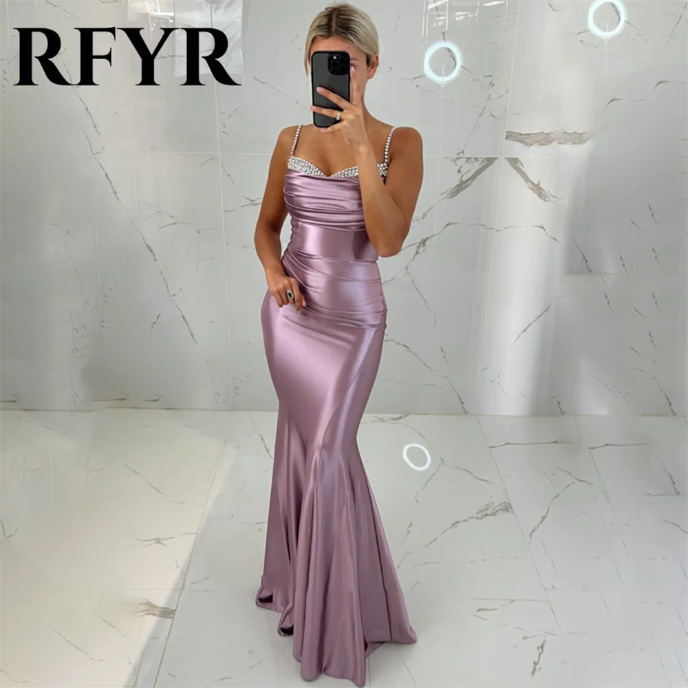 RFYR-vestido de noche de sirena para mujer, traje Sexy de satén con pliegues, tirantes finos, color negro