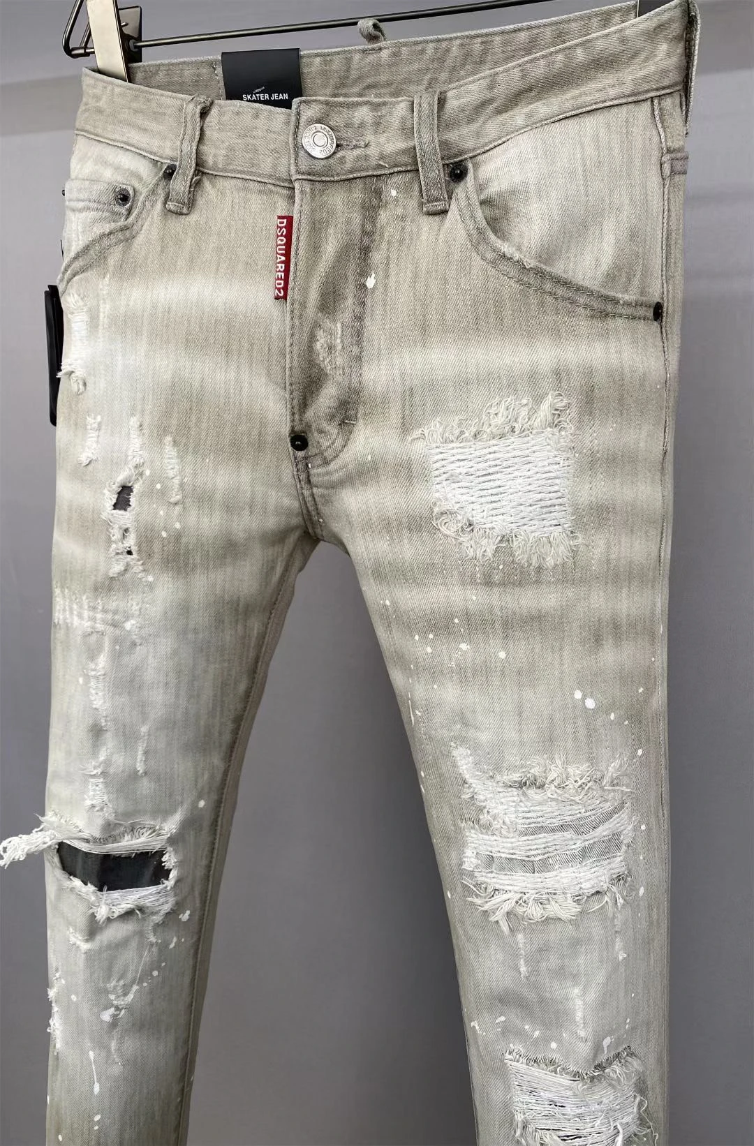 

Spring New Sle Men's Slim Fit Jeans Heavy Du Painted Casual Ripped Patchwork Cotton 00% Stretchable mid Waist Long Pants