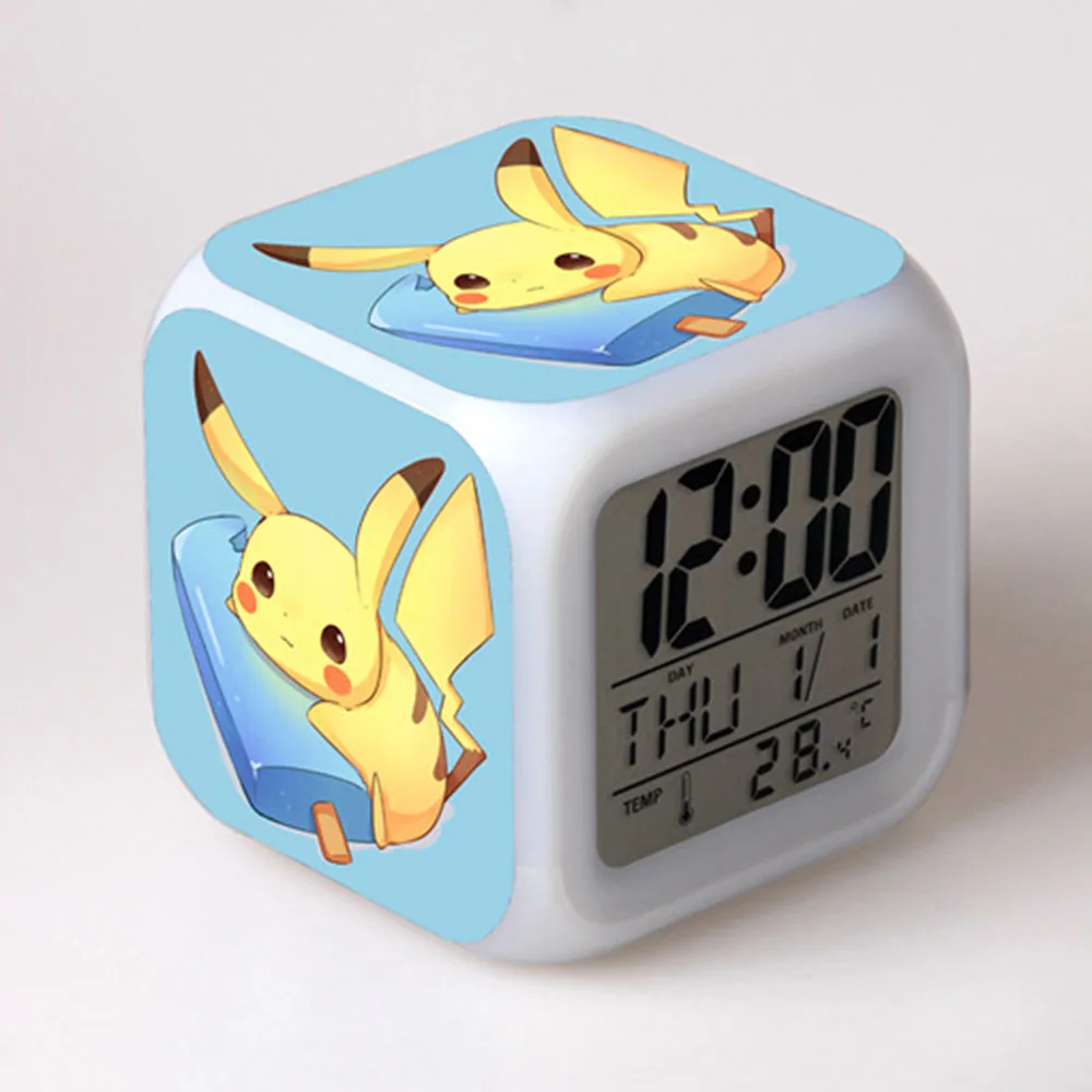 Pokemon Pikachu Luminous LED Colorful Flash Alarm Clock Desk Light With Temperature Action Figures Kids Toys for Charm Gifts Hot