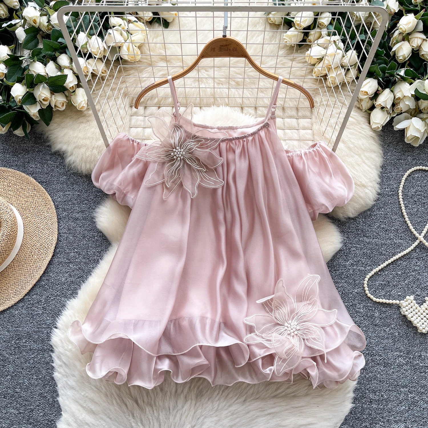 

Sweet Style Suspenders Off-shoulder Shirt Women's Summer Loose Mesh Bohemian Chic Beach Vacation Tops