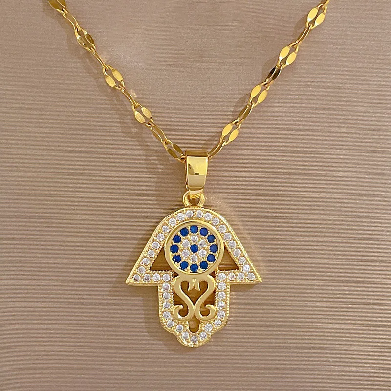 قلادة همسة من الكريستال التركي للنساء ، مجوهرات يد للعين الشريرة ، سلاسل ترقوة مفرغة ، فولاذ مقاوم للصدأ ، 1: 1