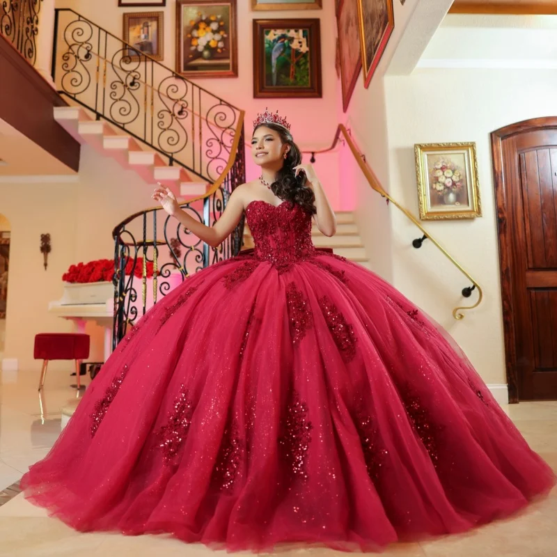 

Shiny Rose Pink Quinceanera Dresses Off the Shoulder Crystal Flower Decal Long tail Bow Vestidoe 15 Quinceanera Customize